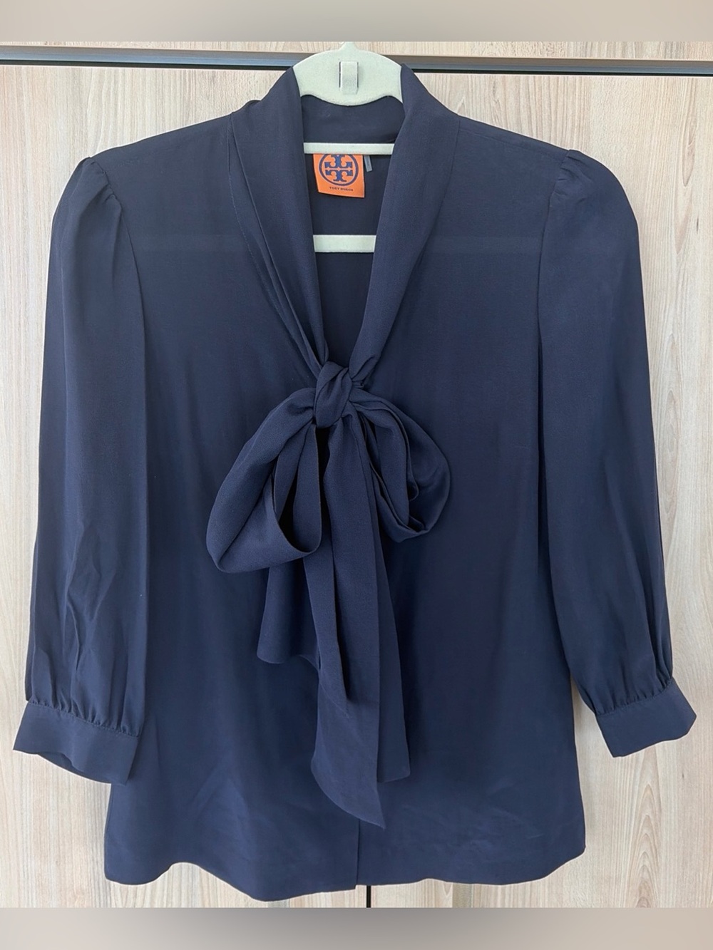 Tory Burch Silk Blouse Women’s 2 Navy Blue Tie Front 3/4 Sleeve